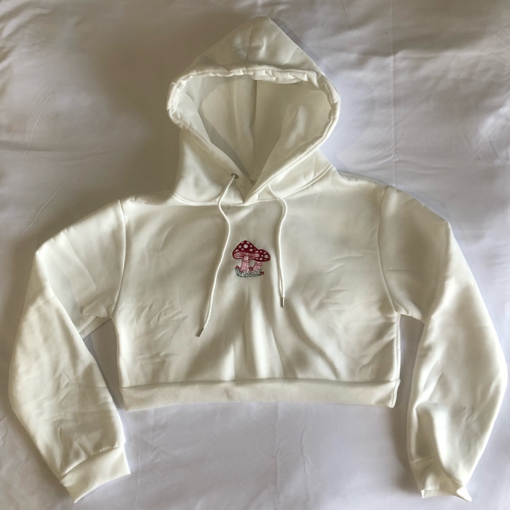 White Cropped Hoodie with Mushroom